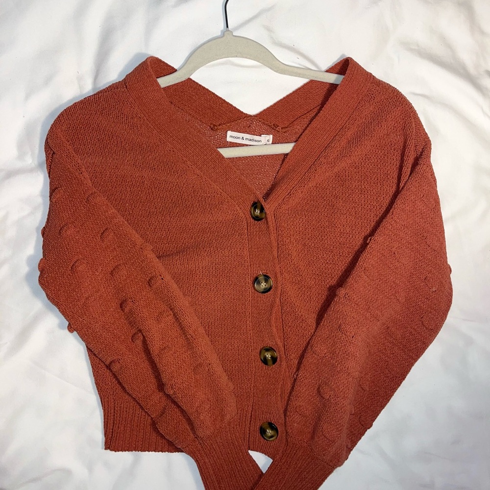 Moon&Madison Small Orange Cropped  Button-Up Cardigan with Sleeve Details